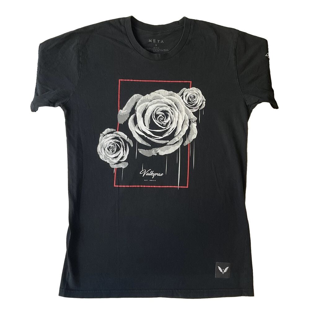 META Men Shirt M Black Floral Roses Graphic Print Logo Short Sleeve